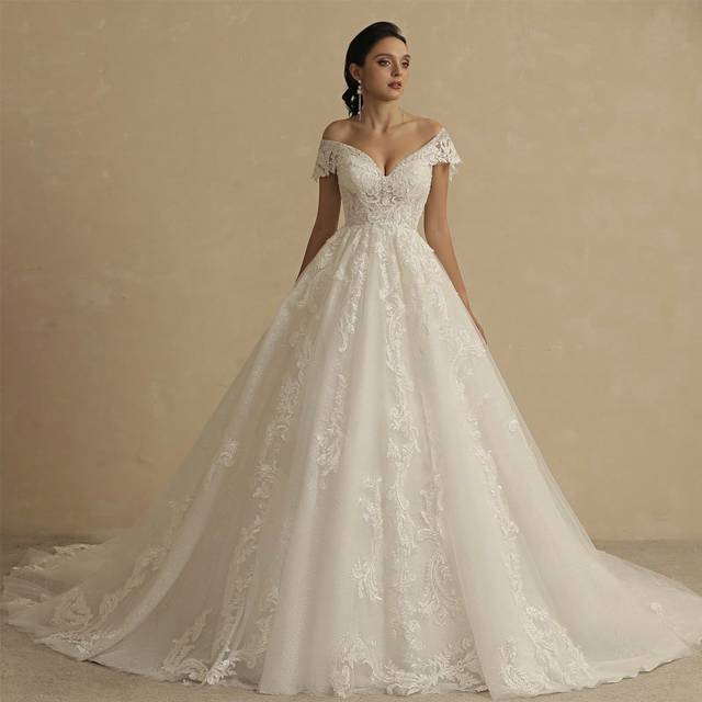 SHEIN Off-The-Shoulder Embroidered Mesh Cinched Waist-Back Wedding Dress Elegant Bridal Dress,Bride