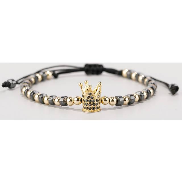 SHEIN 1pc Fashionable Crown & Black Onyx Beaded Bracelet With Micro Pave CZ For Men, Adjustable