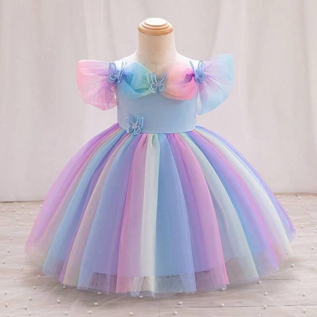SHEIN Baby Girls&#39; Colorful Rainbow Strap Elegant Party Birthday Flower Girl Dress