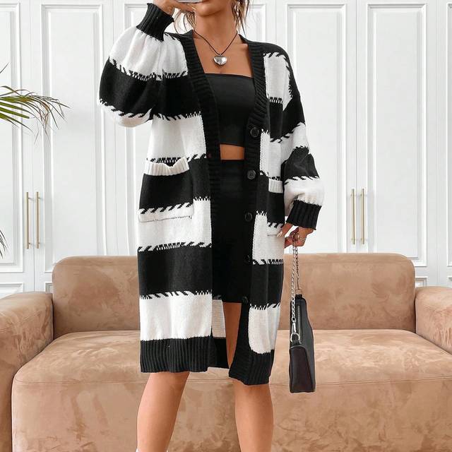 Two Tone Drop Shoulder Cardigan - Svart och Vitt (L,M,S,XS)