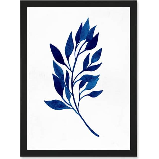 Navy Blue Watercolour Leaves Artwork Framed Wall Art Print A4 - Black - One Size