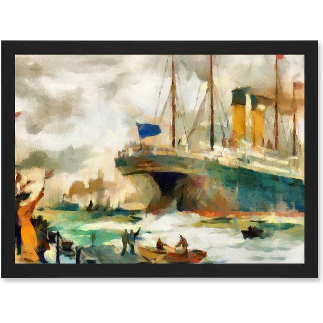 Painting SS Cedric Liverpool Ocean Liner Ship Watercolour Artwork Framed Wall Art Print A4 - Black - One Size