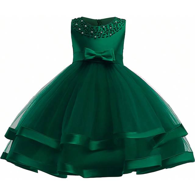 Ung flicka enfärgad rosettdekor i tyll och satäng ärmlös puffig klänning, elegant högtidlig klädsel för fest och evenemang - Mörk Grön (6Y,7Y,8Y,4Y,5Y)