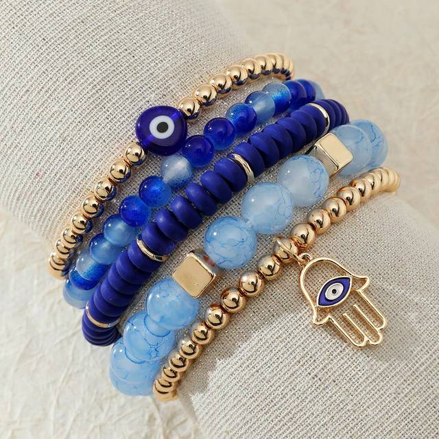 SHEIN 5pcs/set Bohemian Eye Detail Hamsa Hand Charm Beaded Bracelet For Women For Daily Decoration