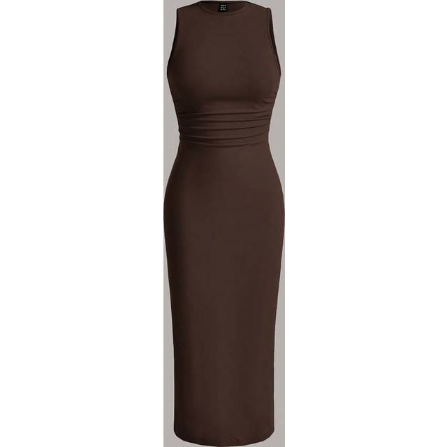 Sommar Solid Ruched Waist Tank Dress - Chokladbrun (L,M,S,XL,XS,XXL,XXS)