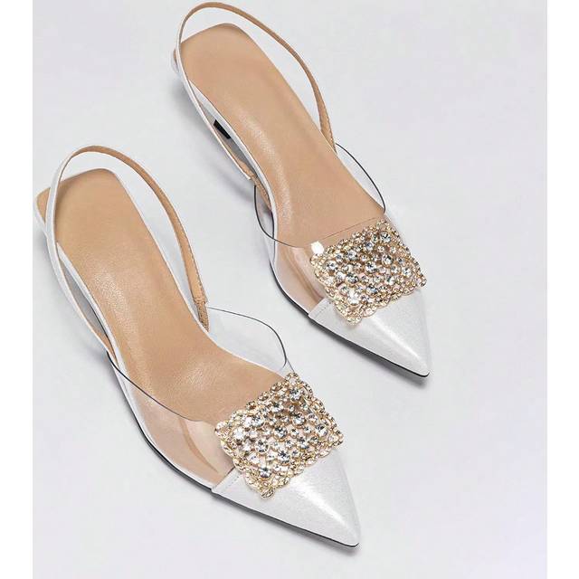 SHEIN Women&#39;s Spring & Summer Outdoor Color Block Strappy High Heels With Charming Crystal Design, Pointed Toe, White