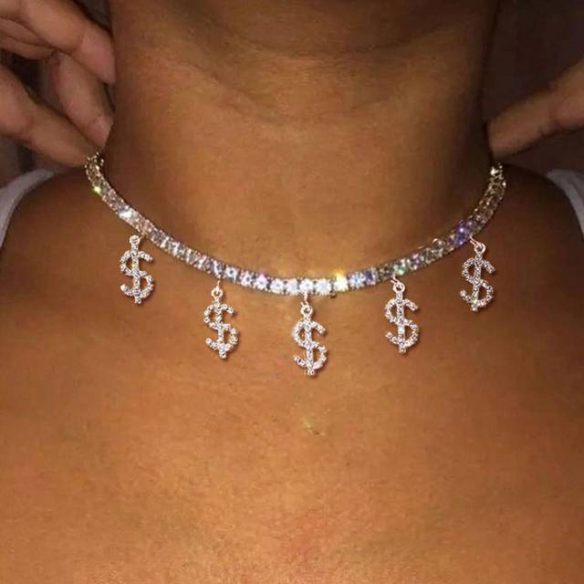 SHEIN 1pc Silver-color Personality Full Diamond Dollar$ Sign Pendant Fashionable Hip Hop Luxury Brand Rhinestone Necklace