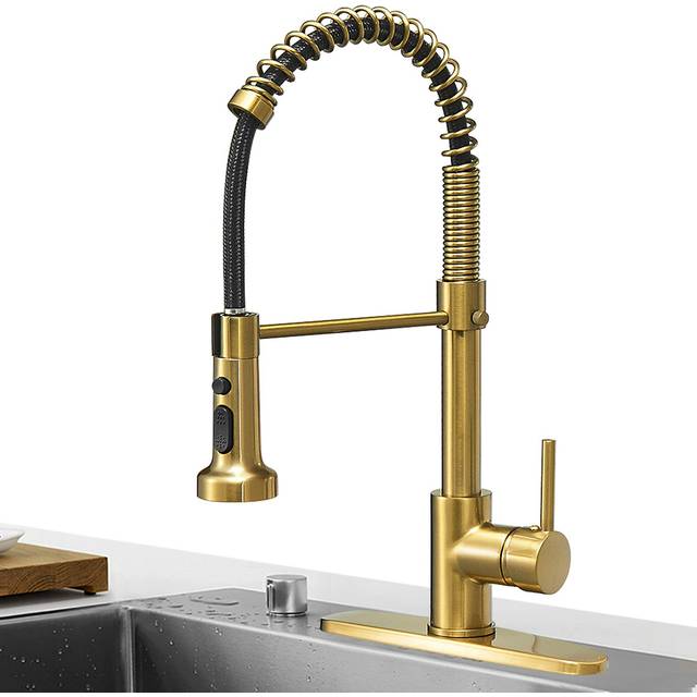 Hoimpro Brushed Gold High Arc Spring Kitchen Faucet with Pull Down Spr