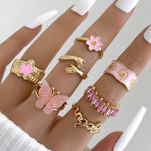 SHEIN Sweet Style 7pcs/set Five-pointed Star Butterfly Daisy Oil-filled Ring For Women