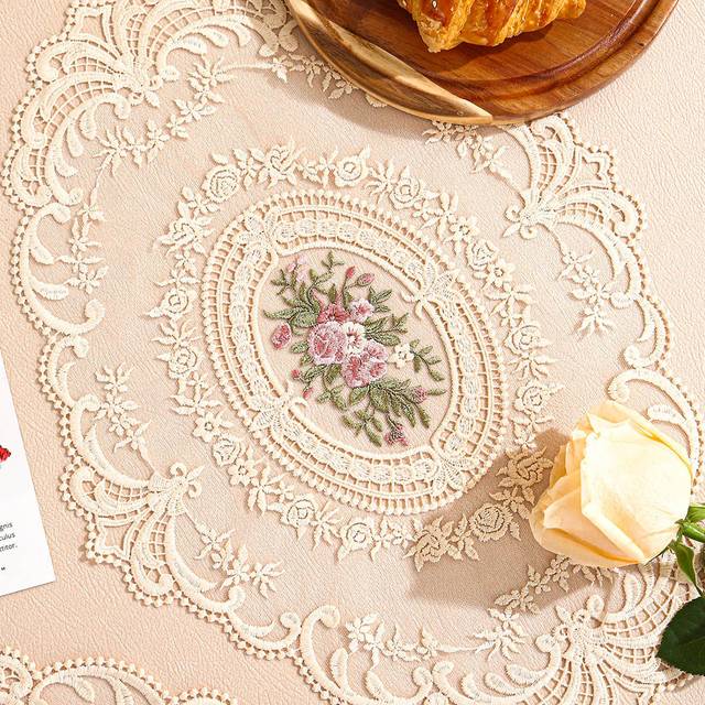 SHEIN 1pc/2pcs New Household Kitchen, Dining Room & Living Room Decorative Lace Placemat, Embroidered Vintage Floral Edge, Heat Insulation, Scratch Resistan