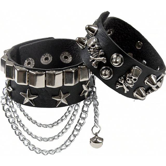 2st/set Halloween Punk Gothic PU Läder Metall Nit Manschett Armband Punk Flätade Armband Rock Läder Armband Faux Men Läder Armband Gothic Viking Armba - Svart