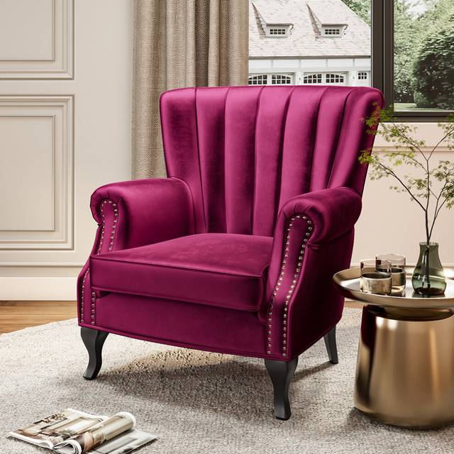 (Wine Red) Scalloped Vintage Velvet Armchair