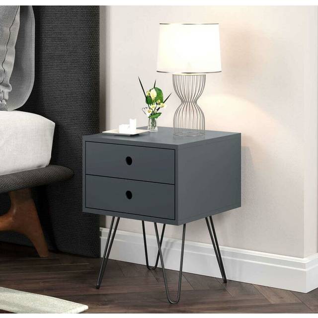 Bedside cabinet side table blue nightstand with 2 storage drawers metal legs