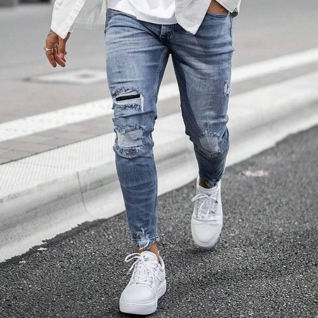 Herr Slitna Sliten Blekt Tvättad Mager Jeans - Mediumtvätt (28,30,32,36,38,34)