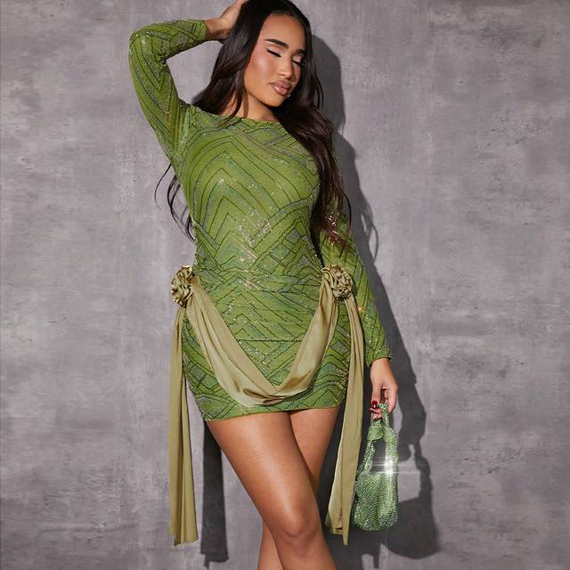SHEIN 3D Applique Draped Front Sequin Bodycon Dress