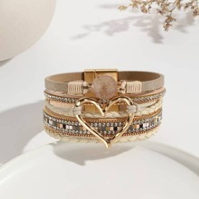 SHEIN 1pc Bohemian Heart & Rhinestone Decor Braided Detail Chain Bracelet For Women For Vacation Valentines,Mom,Mother,Mother&#39;s Day,Gift