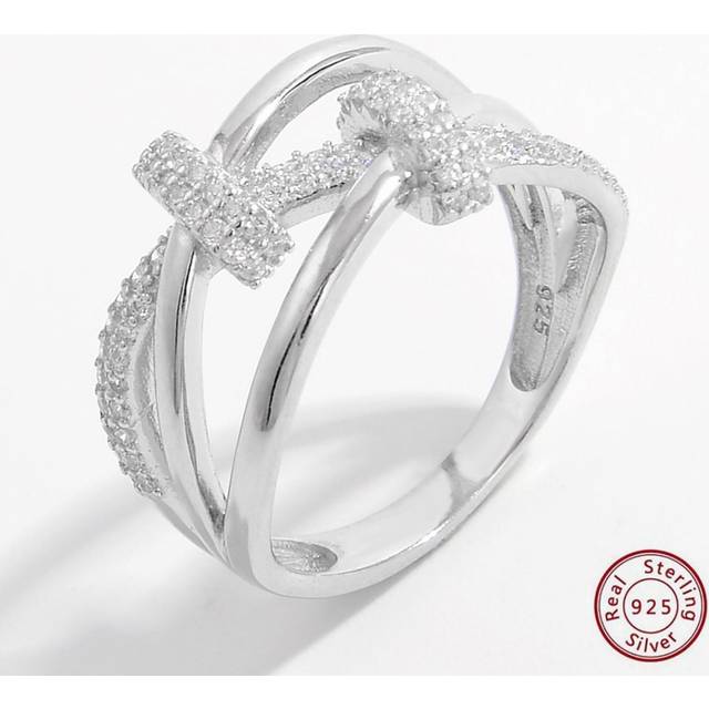 Vaerine 1pc Gorgeous Elegant Romantic Chic Creative 925 Silver Synthetic Zirconia Decorated Cross Knot Design Ring For Women, Suitable For Date, Show Charm Gi