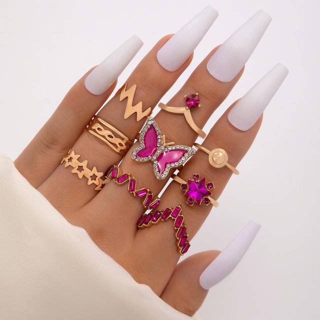 imoli 9pcs/set Fashion Zinc Alloy Rhinestone Butterfly & Star Decor Ring For Women For Daily Life