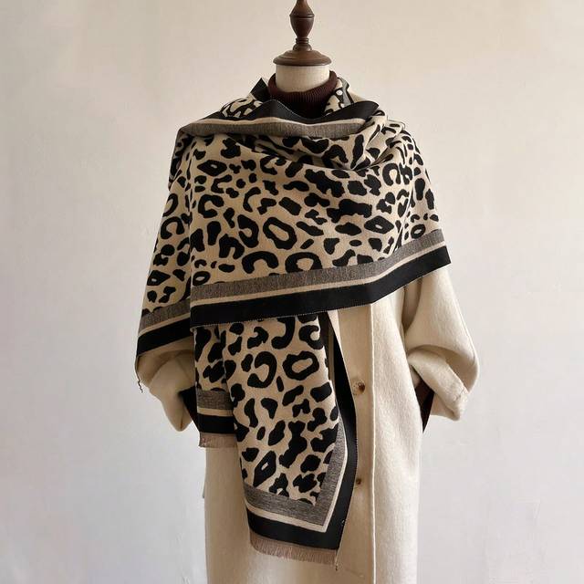 Boho 1st dubbelsidigt leopardtryck Jacquard imiterad kashmirsjal för damer, lämplig för dagligt bruk under hösten och vintern - Multifärgad
