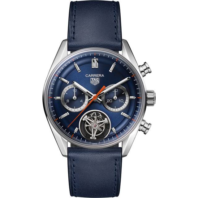 TAG Heuer Carrera Chronograph Tourbillon 42mm Watch - Blue Dial - Blue Leather Band - Steel Case