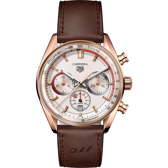 TAG Heuer Carrera Chronosprint X Porsche 42 mm Watch - Beige Dial - Brown Leather Band - Yellow Gold Case