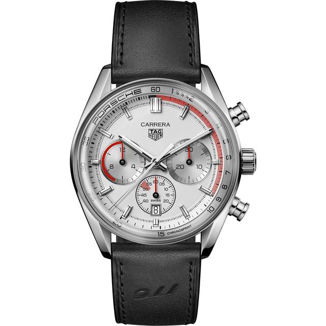 TAG Heuer Carrera Chronosprint X Porsche 42 mm Watch - Silver Dial - Brown Leather Band - Steel Case