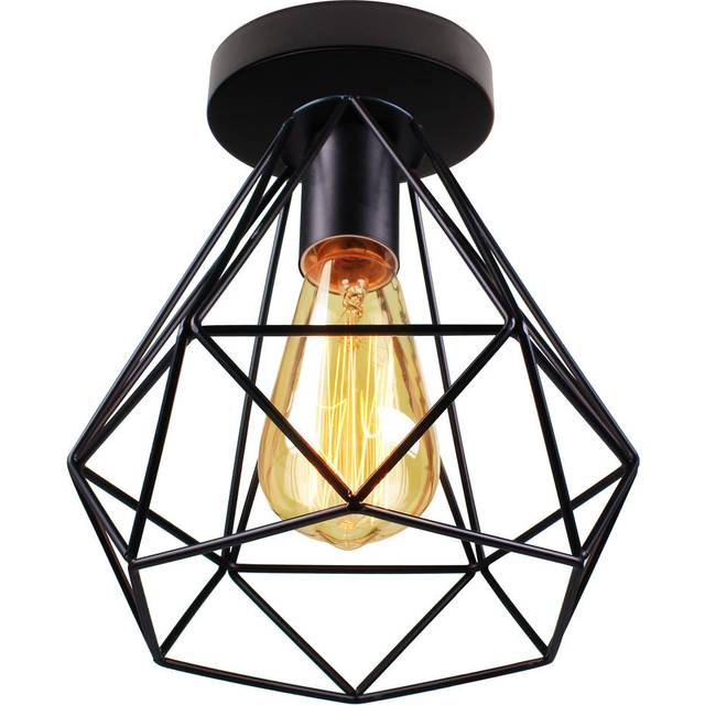 Metal Cage Chandelier Retro Diamond Ceiling Lamp Industrial Pendant Light for Dining Cafe Bedroom Office E27 Black