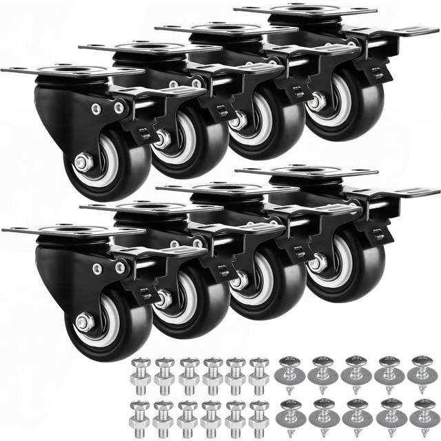 2 Casters Set of 8 Heavy-Duty Industrial Caster Wheels with Brake PU No Noise Wheels with Double Locking and Double Ball Bearing Swivel Locking Caster