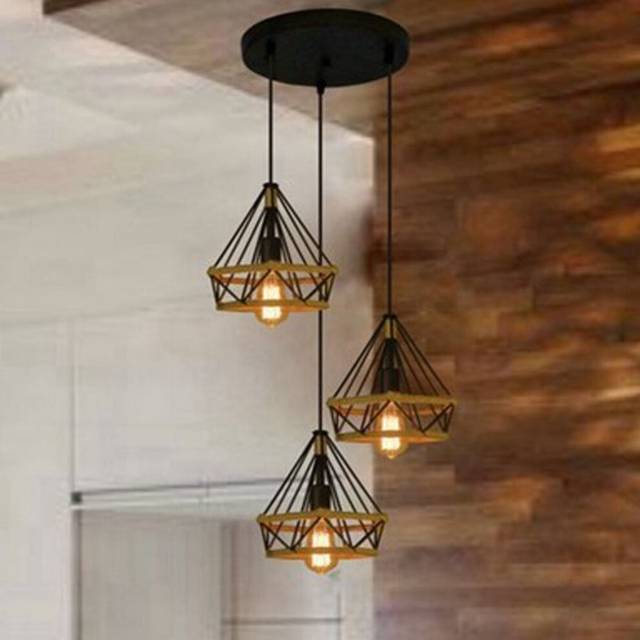 Hemp Rope Chandelier Retro Adjustable Diamond 25cm Ceiling Light 3 Lights Industrial Pendant Light for Living Room Dining Room Bar Balcony Black