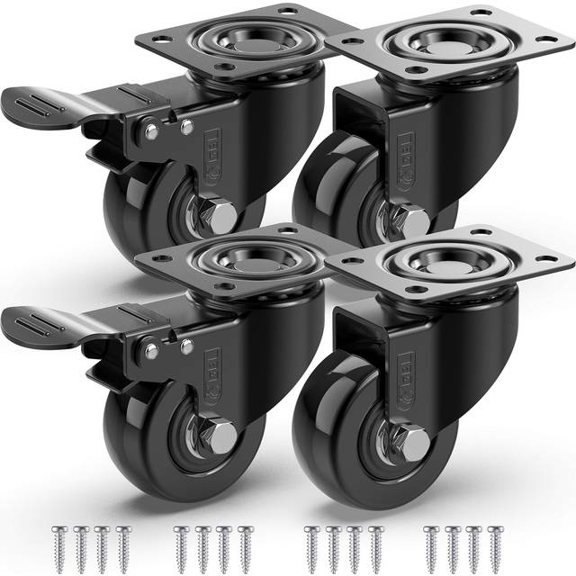 GBL 2 Heavy Duty Caster Wheels with 2 Brakes + Screws - up to 440Lbs - Set of 4 No Floor Marks Silent Castor for Furniture - Rubbered Trolley Wheels -