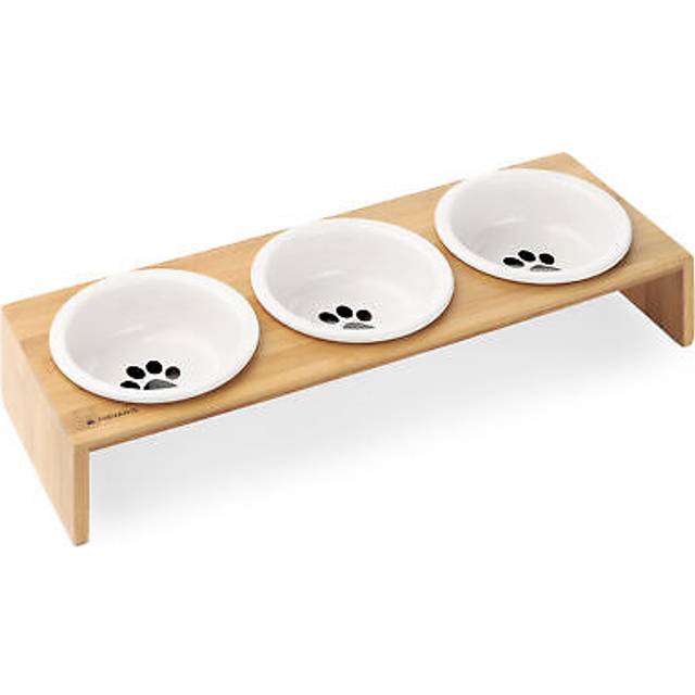 Navaris Ceramic Cat Bowls with Stand - Raised Food and Water Bowl Set for Cats on Elevated Wooden Riser - Eco-Friendly Cat and Paw Design - 3 Bow