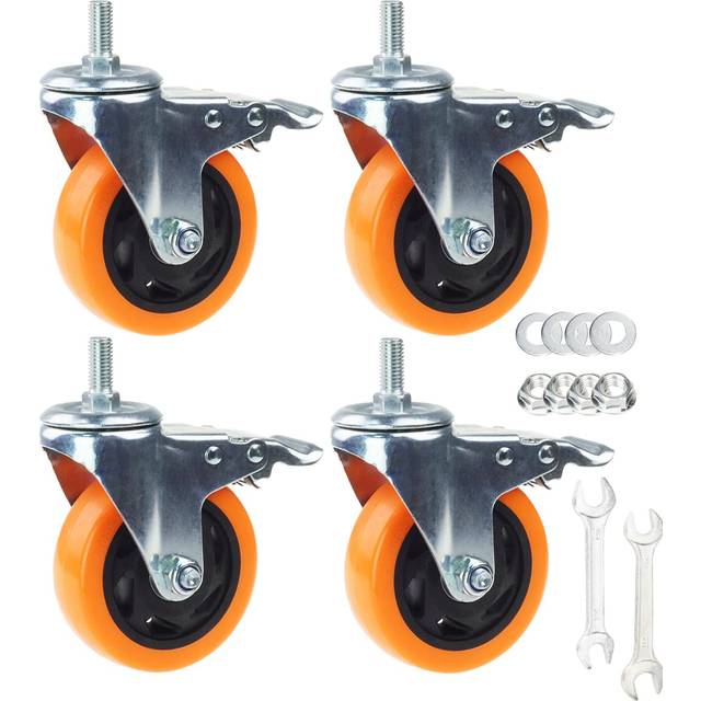 Heavy Duty Swivel Wheels  3 Inch Yellow PVC Casters with Metric Stem M12-1.75x25mm Double Brakes Castors Safety Wheels up to 1200 Lbs/Set for Industry