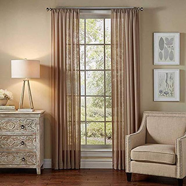 Jasmine Linen 2 Piece Sheer Luxury Curtain Panel Set for KitchenBedroomBackdrop 84 Inches Long Taupe