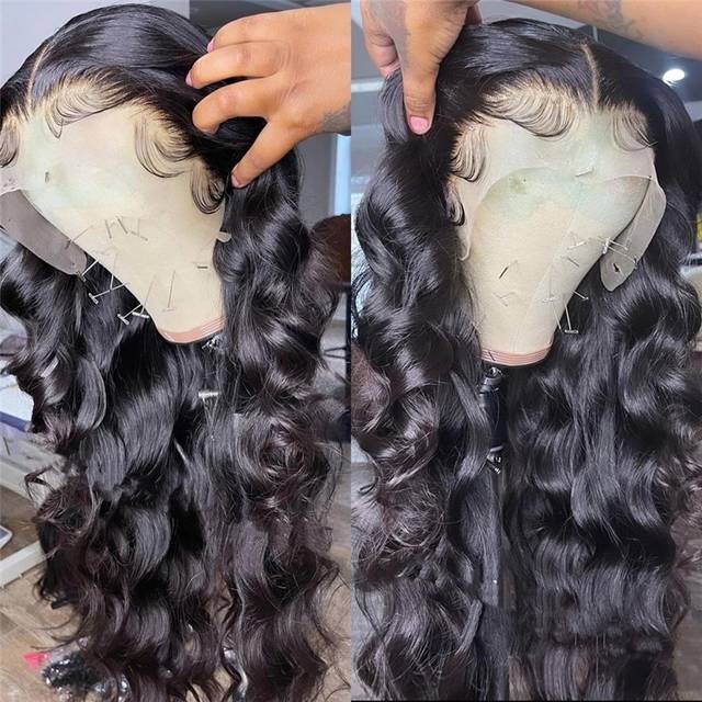 200% Density 13x4 Lace Frontal Body Wave Black Wig Pre Plucked Hairline 100% Human Hair