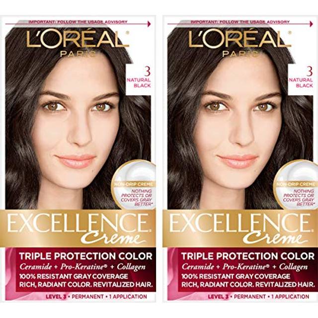 L'Oreal Paris Excellence Creme Permanent Hair Color  3 Natural Black  100 percent Gray Coverage Hair Dye  Pack of 2
