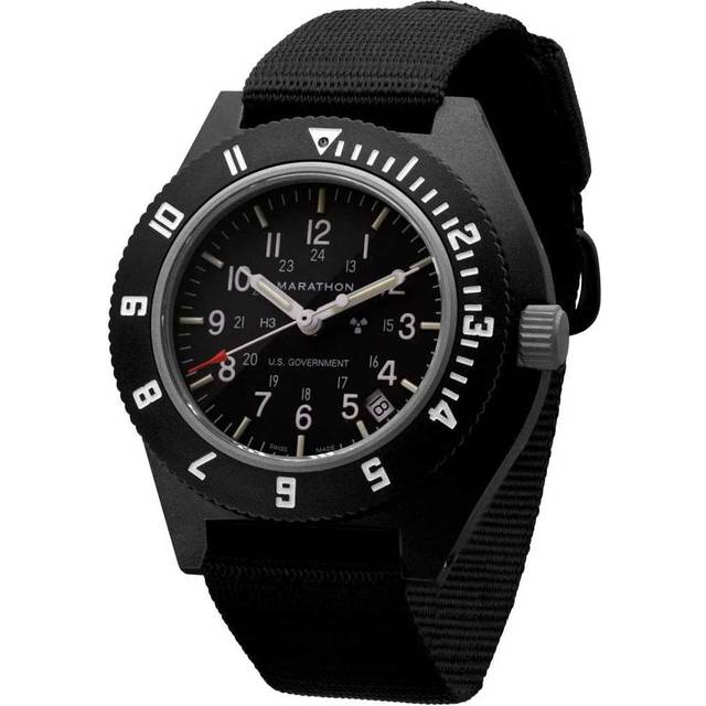 MARATHON 41mm Pilot Navigator Sapphire Steel ETA F06 Quartz Movement Swiss Made Military US Government Date, Tritium, Crystal, Crown, Hatch, Issue, svart