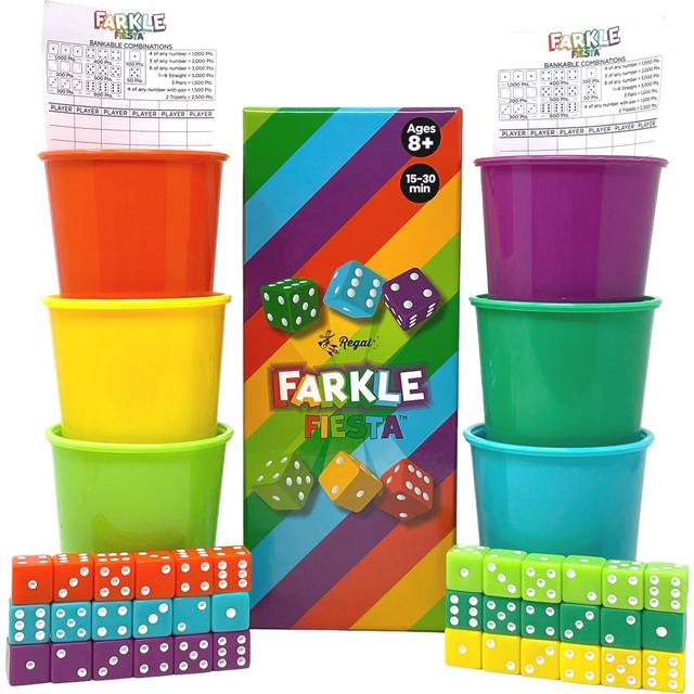 Regal Games - Farkle Fiesta Classic Dice Game w/ 6 Colored Dice Sets  6 Convenient Dice Cups for Easy Shaking  & 20 Score Sheets - Fun Family Game for