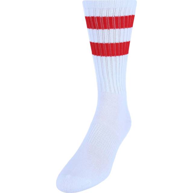 CTM Men&#39;s Crew Striped Socks (3 Pairs) - White with Red Stripes one (one size)
