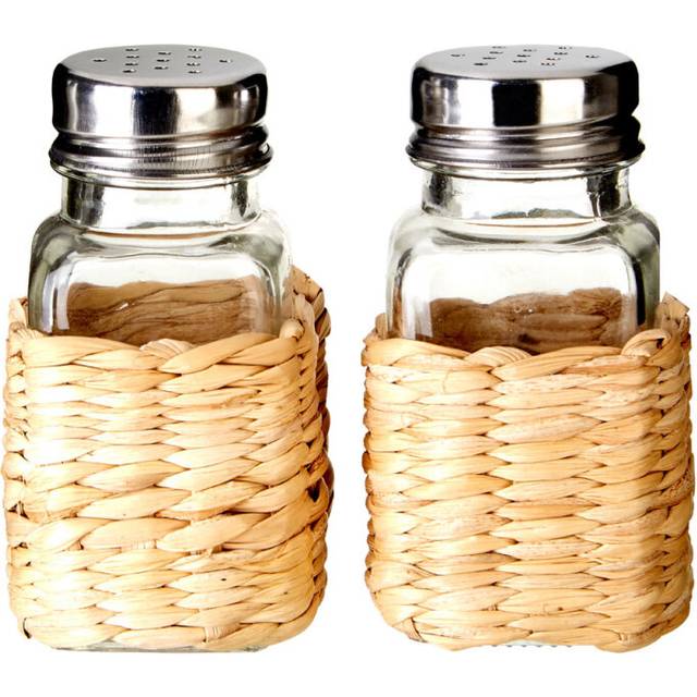 Premier Housewares Salt And Pepper Set Clear Colored Glass And Brown Rattan Container for Salt / Pepper / Herbs/ Reusable Shaker / Shakers Sets