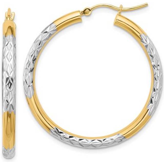 10K Yellow & Rhodium Diamond-Cut 3 mm Hoop Earrings