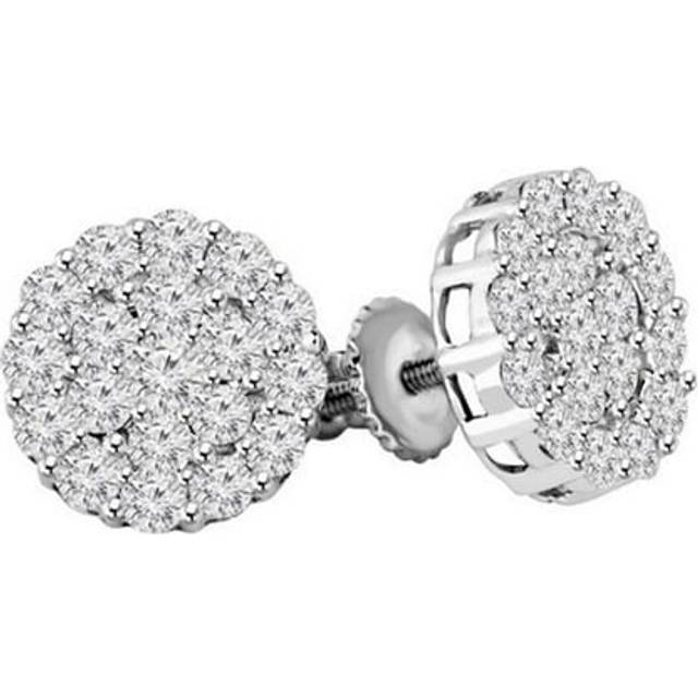 Diamond Flower Cluster Stud Earrings in 14K White Gold With Screw Backs, 1 Carat