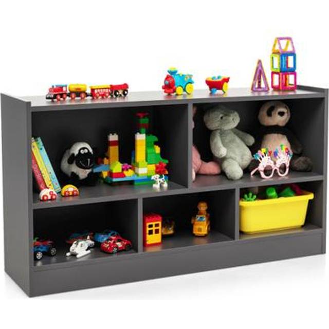 2-Tier Wooden Kids Bookcase with 5 Compartments for Playroom Study-Grey