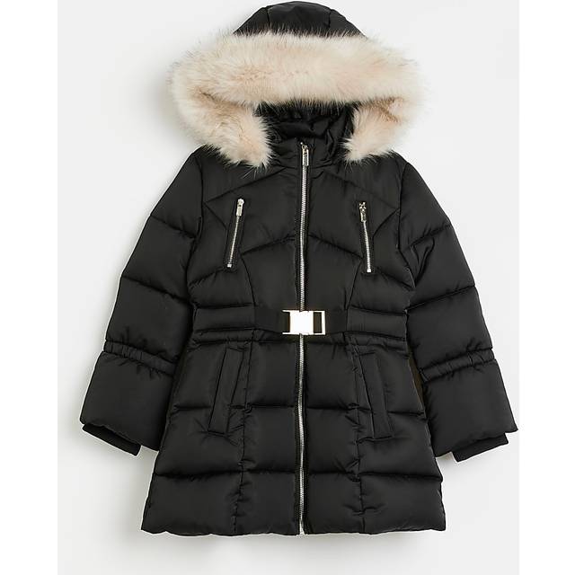 River Island Girls Black Hooded Faux Fur Trim Puffer Coat - 5-6 Yrs