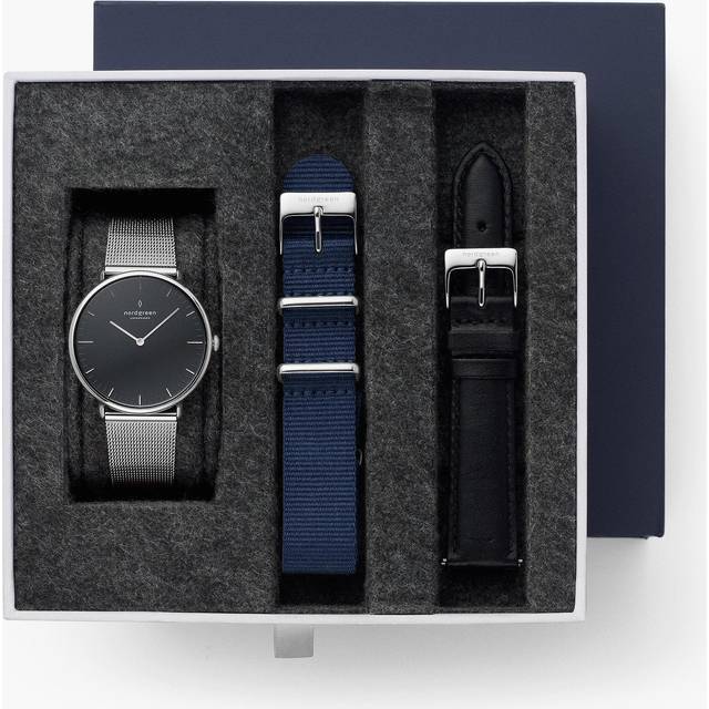 Nordgreen Minimalistist Slim Men's Watch - Black Dial - Silver Case - Silver Mesh / Navy Nylon / Black Leather 40mm Straps