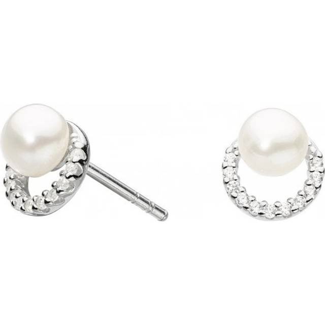 Dew Silver Cubic Zirconia Half Round with Freshwater Pearl Studs 3726FP021