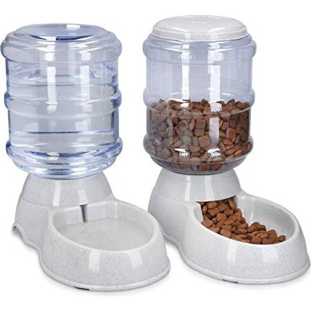 Navaris Automatic Pet Feeder Dispenser Set - 3.8L Outdoor Pet Food and Water Dispensers Bottles for Dog, Cat, Puppy, Kitten - Set of 2 - Grey