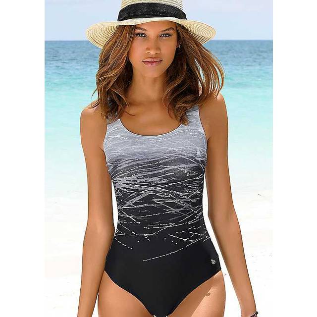 LASCANA Tummy Control Swimsuit with Crossover Straps - Grey Multi