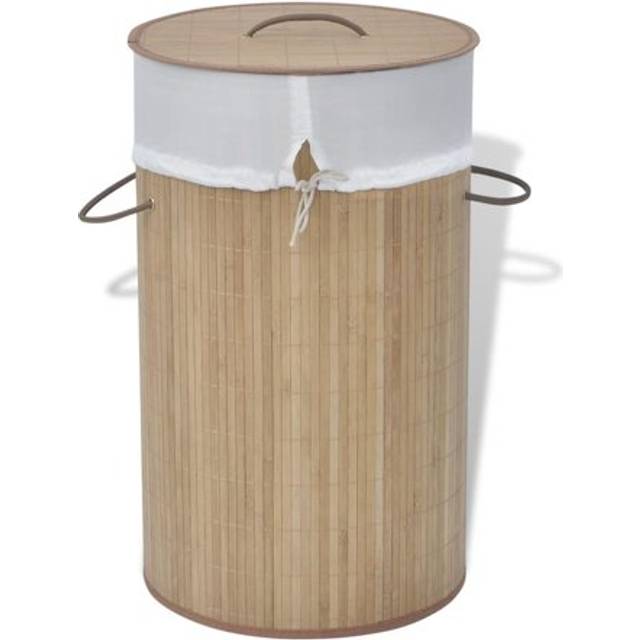 vidaXL Collapsible Laundry Basket  Laundry Hamper with Lid and Handles  Dirty Clothes Basket with Removable Liner  Laundry Bin  Natural Round Bamboo