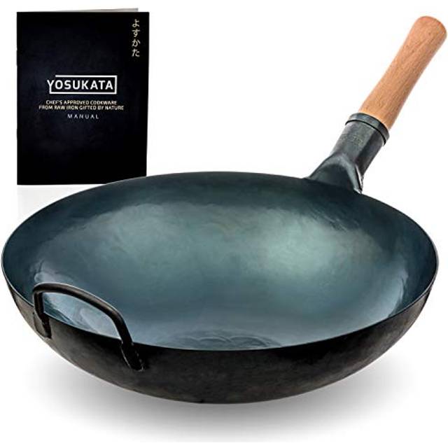 YOSUKATA Blue Carbon Steel Wok Pan â 36 cm Woks and Stir Fry Pans - Chinese Hammered Wok Round Bottom Pow Wok - Traditional Chinese Japanese Woks