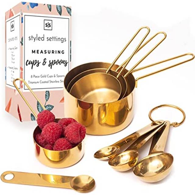 STYLED SETTINGS Gold Measuring Cups and Spoons Set - Stackable 8PC Gold Measuring Set - Stylish  Sturdy Brass Gold Kitchen Utensils - Cute Gold Kitche